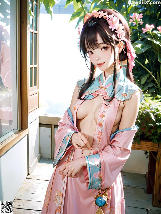 A woman in a pink kimono posing for a picture.