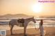 A woman standing next to a white horse on a beach.