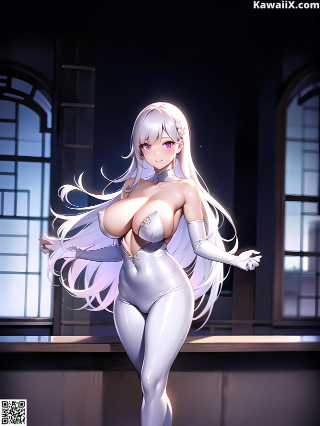 A woman in a white bodysuit standing in front of a window.