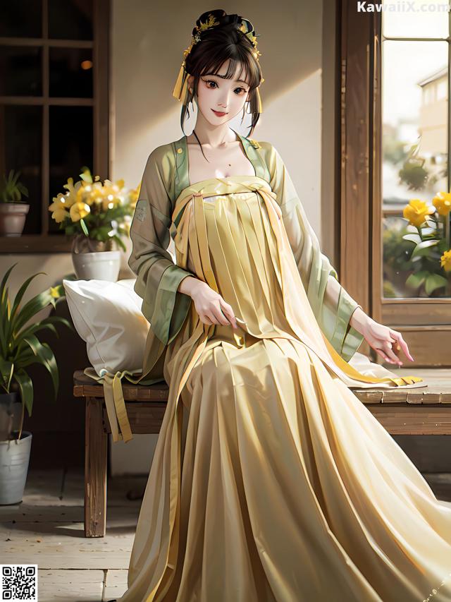 A woman in a yellow dress sitting on a bench.