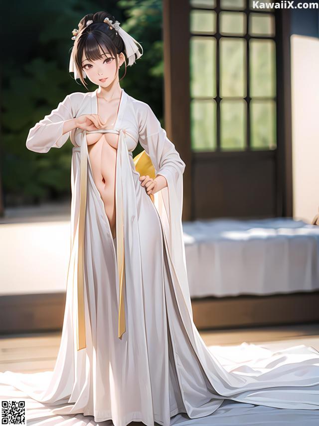 A woman in a white kimono is posing for the camera.
