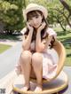 A woman in a pink dress and hat sitting on a yellow chair.