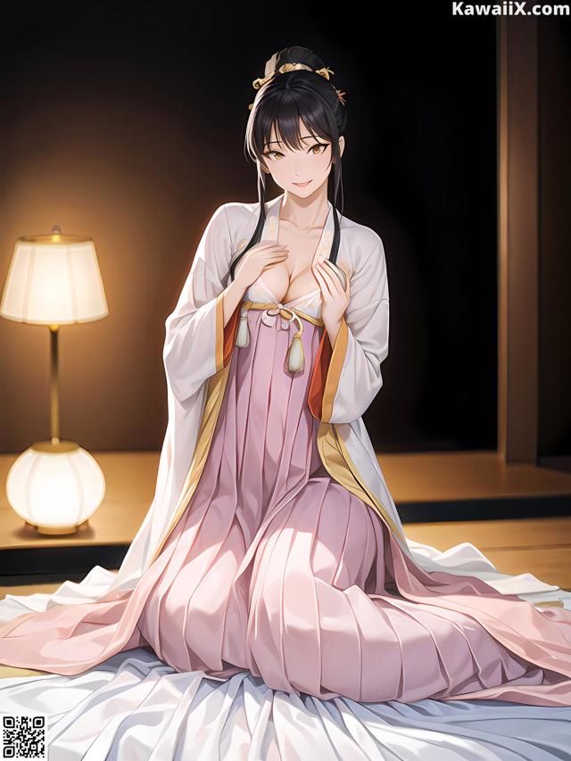 A woman in a pink dress sitting on a bed.